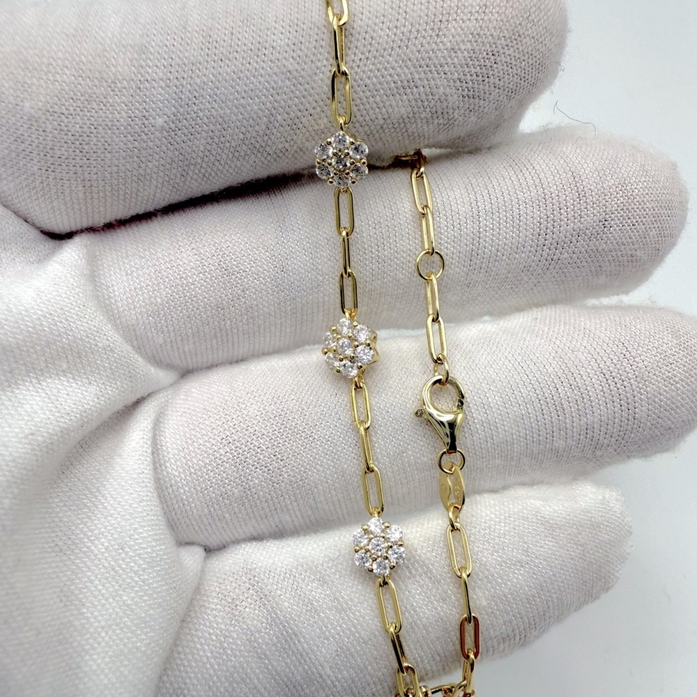 7” Gold Plated over .925 Sterling Silver Cz Flower Bracelet - Picture 12 of 16